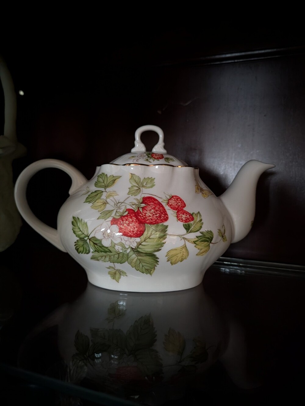 White Teapot with Red Strawberry Floral Design